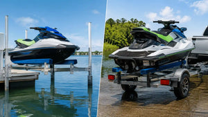 Side-by-side comparison of a jet ski resting on a boat lift and on a trailer, illustrating how lift bunks support stationary weight while trailer bunks manage transport and loading forces