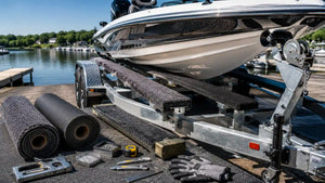 Boat trailer bunk carpet installation supplies shown beside carpeted bunks supporting a bass boat hull.