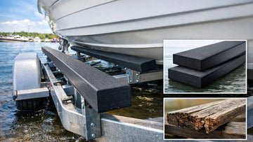 Composite bunk boards benefits demonstrated by long lasting, water resistant bunks supporting a boat trailer in marine conditions